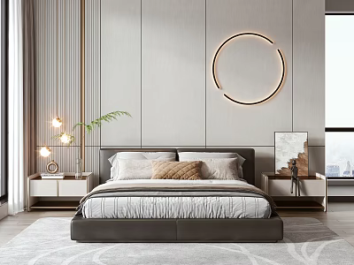 Double Bed In Modern Bedroom With Gray Headboard White Brown Pillows Nightstands Circular Ring Light 3d model
