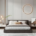 Double Bed In Modern Bedroom With Gray Headboard White Brown Pillows Nightstands Circular Ring Light