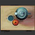 Green Ceramic Teapot and Cup with Red Apple on Wooden Table with Tablecloth