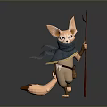 Anthropomorphic Fennec Fox Character Standing With Trident Staff And Blue Scarf