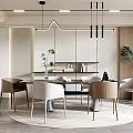 Modern Restaurant Interior With Dining Table Chairs Pendant Lights Shelves And Green Plants