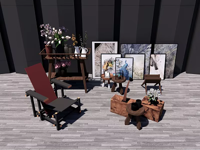 Elegant Decorative Ornament Collection With Vases Flower Bouquets Framed Paintings And Wooden Accents 3d model
