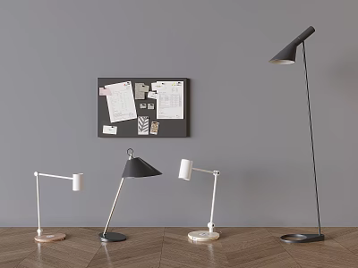 Modern Table Lamps With Various Styles On Wooden Floor Against Gray Wall And Bulletin Board 3d model