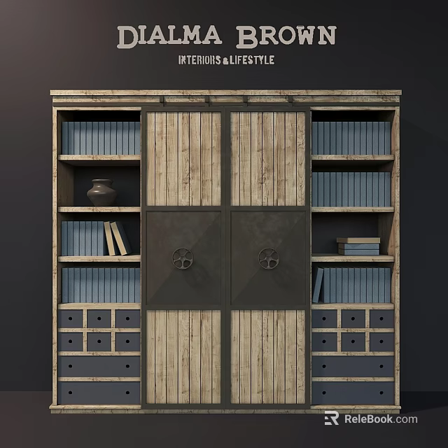 Vintage Wooden Cabinet With Metal Doors Bookshelves Drawers And Decorative Vase 3d model 