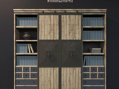 Vintage Wooden Cabinet With Metal Doors Bookshelves Drawers And Decorative Vase 3d model