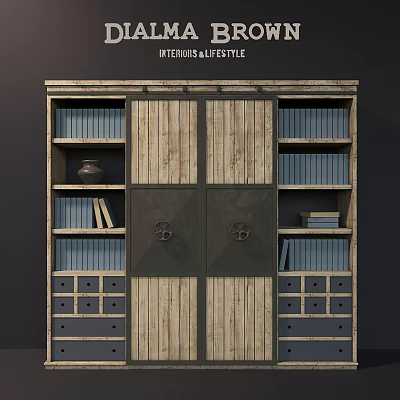 Vintage Wooden Cabinet With Metal Doors Bookshelves Drawers And Decorative Vase 3d model