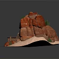 Scenic Desert Landscape Featuring Red Rocks Wooden Mine Entrance Rail Tracks And Sandy Ground