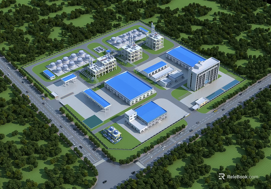 Industrial Plant Complex With Blue Roof Buildings Green Vegetation And Parking Area 3d model 