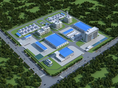 Industrial Plant Complex With Blue Roof Buildings Green Vegetation And Parking Area 3d model