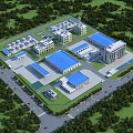 Industrial Plant Complex With Blue Roof Buildings Green Vegetation And Parking Area