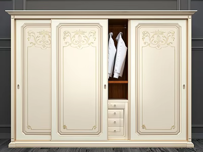 Cream White Classic Ornate Wardrobe With Carved Details Open Door White Shirts And Bottom Drawers 3d model