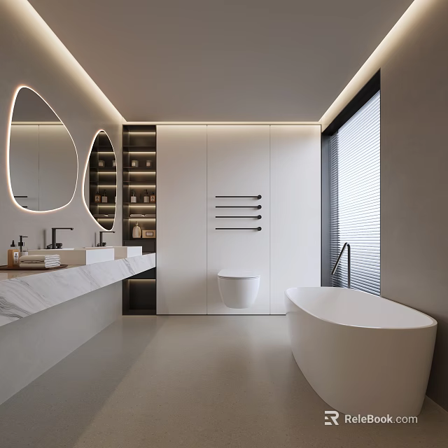 Modern Bathroom Interior With Double Sinks Round Mirrors White Bathtub And Wall Mounted Toilet 3d model 