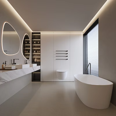 Modern Bathroom Interior With Double Sinks Round Mirrors White Bathtub And Wall Mounted Toilet 3d model