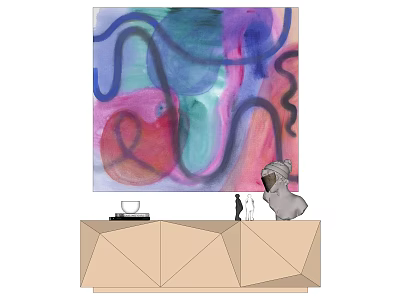 Vibrant Abstract Art Painting On Geometric Cabinet With Decorative Sculpture 3d model