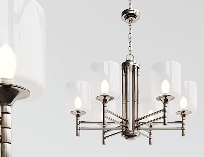 Modern Chandelier Design With Metal Arms Glass Shades And Illuminated Lights 3d model