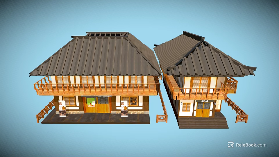 Cartoon Scene Featuring Two Traditional Houses With Black Roofs Wooden Balconies And Blue Background 3d model 