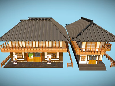Cartoon Scene Featuring Two Traditional Houses With Black Roofs Wooden Balconies And Blue Background 3d model