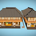 Cartoon Scene Featuring Two Traditional Houses With Black Roofs Wooden Balconies And Blue Background