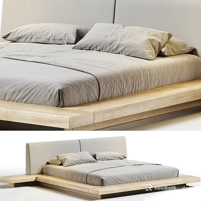 Modern Double Bed With Wooden Platform Frame Gray Bedding And Pillows 3d model 
