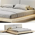Modern Double Bed With Wooden Platform Frame Gray Bedding And Pillows 3d model