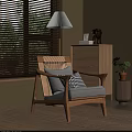 Modern Leisure Chair With Wooden Frame Rattan Gray Cushion Pillow By Window Blinds Green Plant