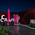 Modern Floral Installation with Pink Lighting Green Plants and Architectural Silhouettes in Night Venue