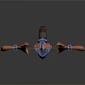 Orange And Blue Crossbow Weapon With Curved Wooden Frame And Metal Arrow