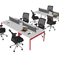 Modern Office Desks With White Desktop Red Legs Black Chairs And Computer Monitors