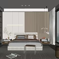 Modern Bedroom Interior Design With Wooden Panel Wall Bed And Linear Wall Light 3d model