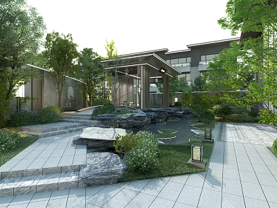 Modern Garden Landscape Featuring Stone Steps Natural Stones Green Plants Lantern And Building 3d model