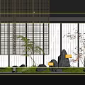 Zen Interior Landscape With Bamboo Lattice Green Plants Stones Moss Water Surface And Lanterns