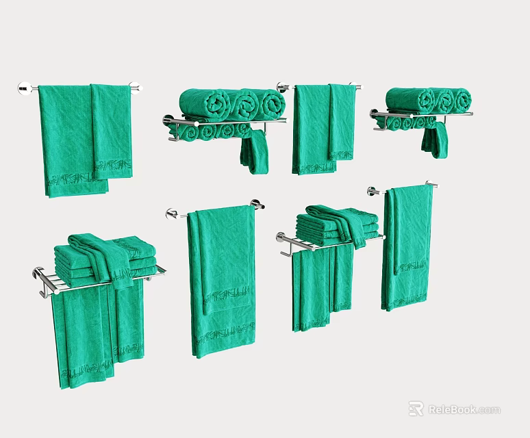 Green Towels Displayed As Hanging Rolled And Folded On Metal Racks 3d model 
