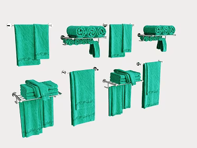 Green Towels Displayed As Hanging Rolled And Folded On Metal Racks 3d model