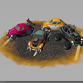 Colorful Cartoon Style Cars With Various Designs Parked On Gravel Parking Lot Surface