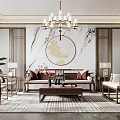 Traditional Chinese Living Room With Marble Backdrop Circular Gold Decor And Wooden Furniture