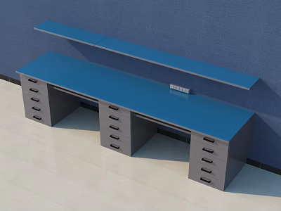 Blue Office Desk With Grey Drawers And Overhead Shelf Against Blue Wall 3d model