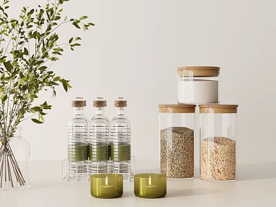 Decorative Ornament Set with Clear Glass Jars Wooden Lids Green Candles and Foliage 3d model