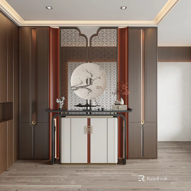 Modern Chinese Foyer Hallway Design With Lattice Screen Console Table And Circular Decorative Painting 3d model 
