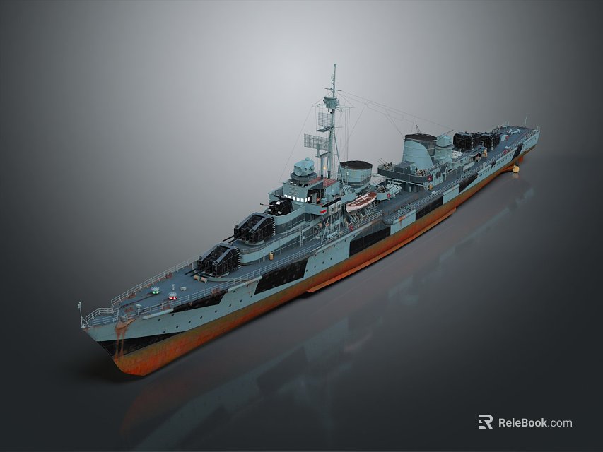 3D Model Of Large Gray Warship With Orange Bottom Cannons Radar Systems 3d model 