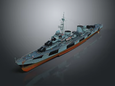 3D Model Of Large Gray Warship With Orange Bottom Cannons Radar Systems 3d model