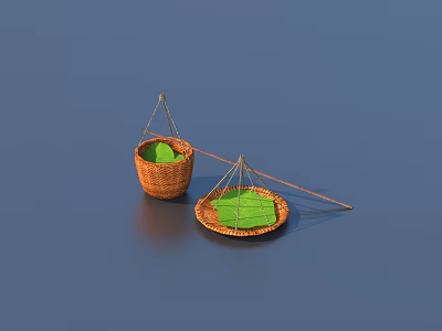 Traditional Bamboo Woven Household Items With Handheld Basket And Green Mat Tray 3d model