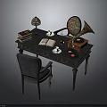 Vintage Wooden Desk With Leather Chair Table Lamp Books Open Notebook Coffee Cups And Gramophone