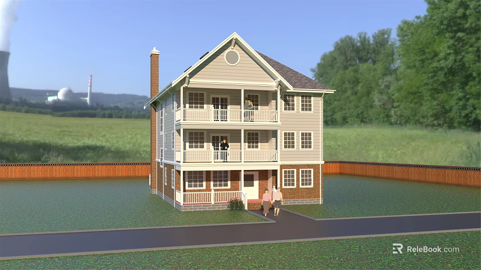 Two Story Detached House with Brown Chimney Light Exterior Green Lawn and Wooden Fence 3d model 
