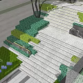 Outdoor Stone Stairs With Yellow LED Strip Lights And Lush Green Bushes