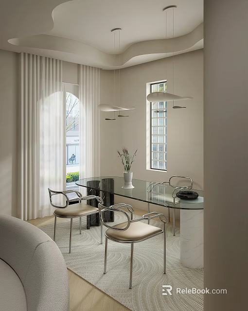 Modern Restaurant Interior With Glass Top Dining Table Metal Frame Chairs And Pendant Lights 3d model 