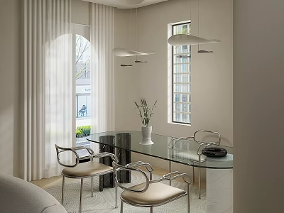 Modern Restaurant Interior With Glass Top Dining Table Metal Frame Chairs And Pendant Lights 3d model