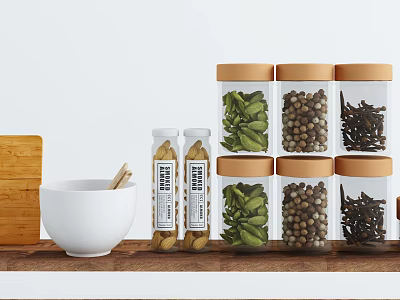 Glass Spice Jars With Wooden Lids Containing Assorted Spices On Kitchen Counter 3d model