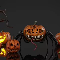 Halloween Decorations Featuring Glowing Jack O Lanterns With Scary Faces And Spider Ornament