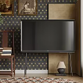 Modern TV in Living Room With Dark Patterned Wallpaper Wooden Side Table and Table Lamp