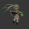 Game Movie Character Black Silhouette with Long Twin Ponytails Green Glowing Lines Bow Tie Running